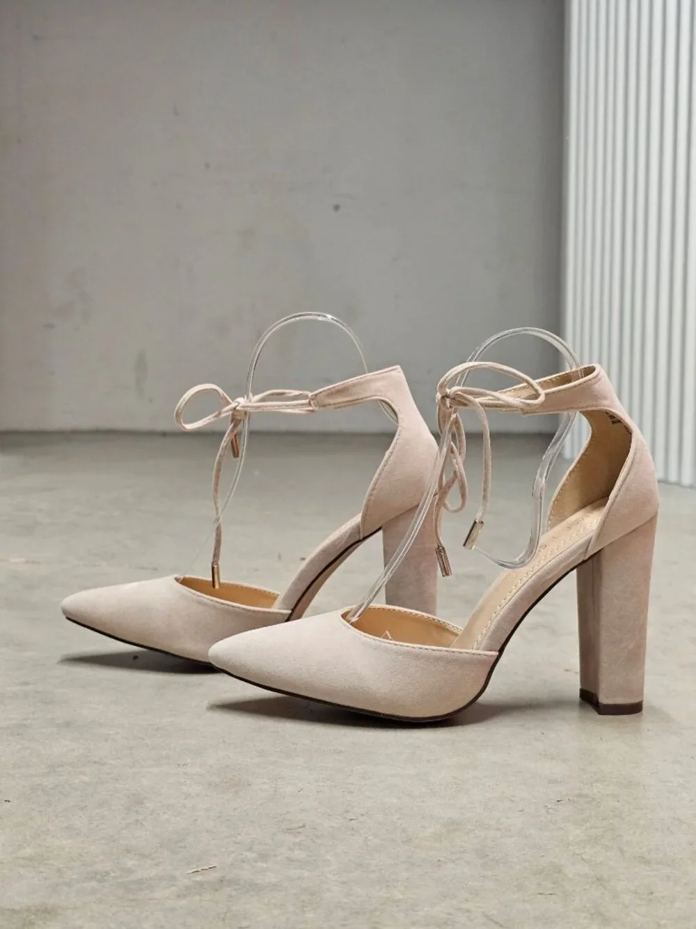 Ankle Strap Block Heel Suede Pumps In Nude Beige For Women